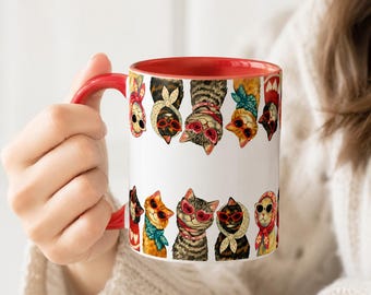Funny Cat Mug, Cute Retro Cats Coffee Cup, Cat Lover Gift, Colorful Cat Mom Mug, Stylish Cats with Sunglasses Mug 11 oz, 15 oz
