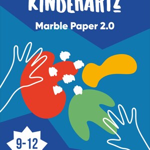 May include: A blue poster with the text "KINDERARTZ Marble Paper 2.0". The poster features colorful abstract shapes in red, green, and yellow, with white outlines of hands. A white starburst indicates the product is for ages 9-12.