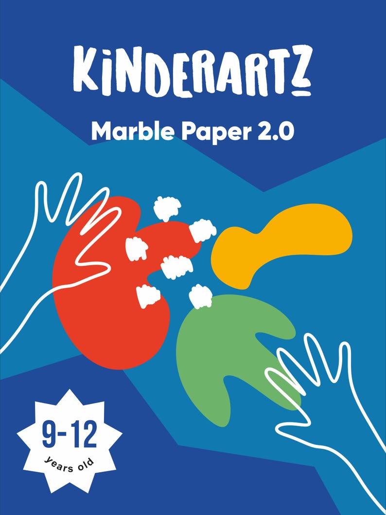 May include: A blue poster with the text "KINDERARTZ Marble Paper 2.0". The poster features colorful abstract shapes in red, green, and yellow, with white outlines of hands. A white starburst indicates the product is for ages 9-12.