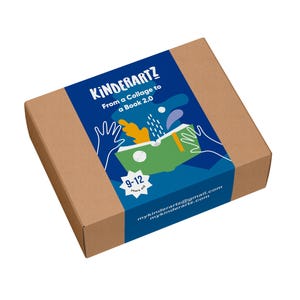 May include: A brown cardboard box with a blue band featuring the text "KINDERARTZ" and "From a Collage to a Book 2.0". The box also includes a graphic of an open book and hands, and is labeled for ages 9-12. Contact information is also included.