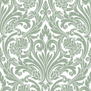 Puede incluir: Patrón de damasco sin costuras con motivos florales y de hojas estilizados. El patrón repetitivo es de color verde apagado sobre un fondo blanco. El diseño simétrico y ornamentado es adecuado para papel pintado o tela, con una estética clásica.