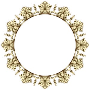 May include: A decorative, circular frame featuring a cream-coloured floral pattern with a dark brown outline. The frame has a blank, white centre, and the design is symmetrical around the circle.
