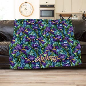 Personalized Purple Iris Blanket: Custom Name Floral Stained Glass Throw