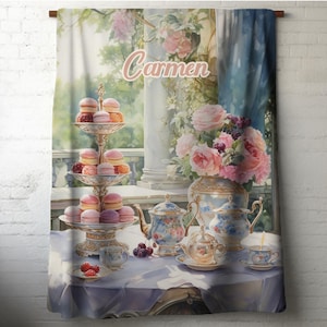 Vintage Tea Party Personalized Blanket, Elegant Custom Name Throw with Macarons & Fruit, Feminine Gift for Garden Lovers or Hostess Gift
