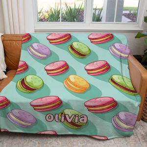 Personalized Macaron Blanket with Custom Name, Pastel French Cookie Plush Throw for Girls or Teens, Cute Dessert Gift for Macaron Lovers