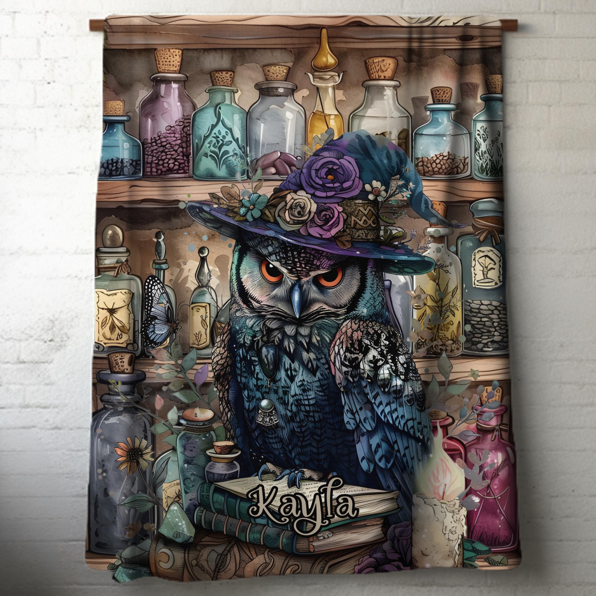 Witch Owl Apothecary Personalized Blanket: Custom Name Potion Shelf Gothic Fantasy Throw