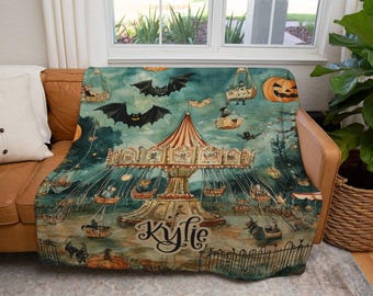 Personalized Halloween Carnival Blanket: Vintage Haunted Amusement Park Throw