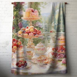 Vintage Tea Party Personalized Blanket, Elegant Custom Name Throw with Macarons & Fruit, Feminine Gift for Garden Lovers or Hostess Gift