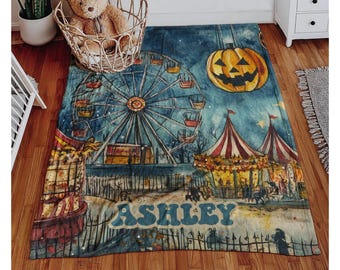 Personalized Halloween Circus Blanket: Vintage Haunted Carnival Fleece Throw