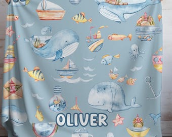 Personalized Whales and Sailboats Baby Blanket: Custom Name Nautical Ocean Nursery Throw