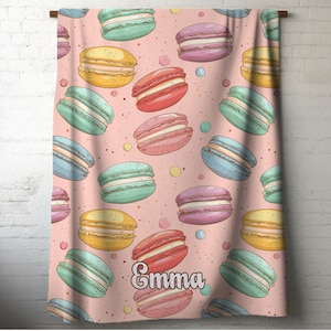 Personalized Macaron Blanket with Custom Name, Pastel French Cookie Plush Throw for Girls or Teens, Cute Dessert Gift for Macaron Lovers