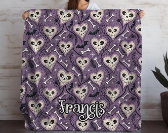 Personalized Purple Skull Hearts Blanket: Gothic Halloween Plush Throw