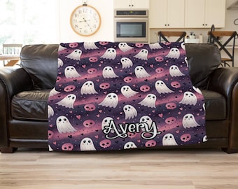 Personalized Purple Pink Ghost Blanket: Girly Gothic Spooky Plush Throw