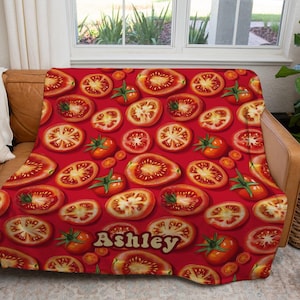 Personalized Tomato Blanket with Name, Custom Red Tomato Print Gift for Gardeners, Farmers Market Fans, Italian Foodies or Veggie Lovers
