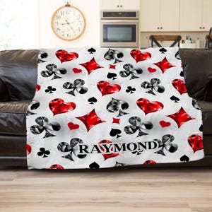 Casino Poker Blanket with Name, Personalized Playing Card Symbols Throw, Red and Black Gift for Men, Spades Hearts Clubs Diamonds, Man Cave