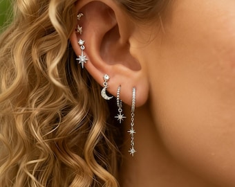 Silver Star Moon CZ Earring Set, Celestial Jewelry