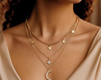 Collana Gotica Boho Con Luna E Stella In Lega Di Zinco, Cristallo E Rame, Catena 41,9 Cm, Regalo Donna - 2