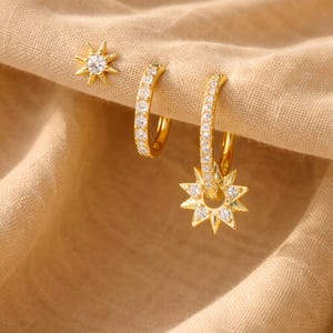 Summer Gold Sun Earrings Set – Sunburst Stud & Huggie Hoop Earrings, Dainty Celestial Ear Stack