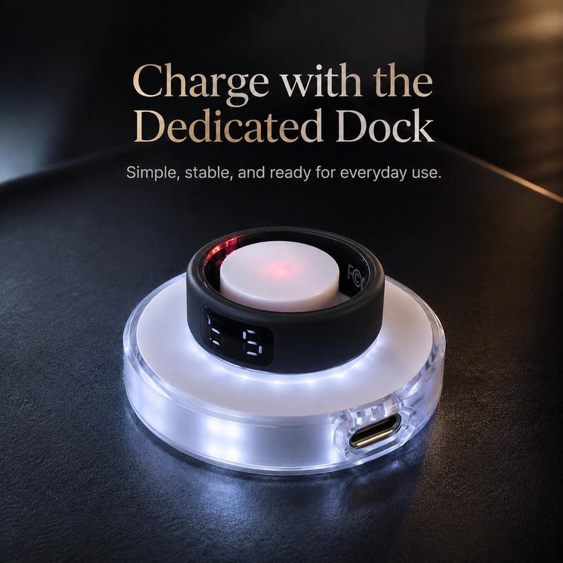 May include: A black smart ring resting on a circular white charging dock with a glowing light. The text above reads: Charge with the Dedicated Dock. Simple, stable, and ready for everyday use. The ring features a small digital display screen.