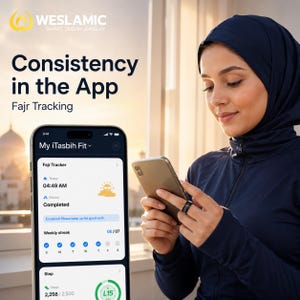 May include: A black smart ring worn on a finger, paired with a smartphone displaying the My iTasbih Fit app. The screen shows Fajr tracking, a status of Completed, and a weekly streak. The text reads Consistency in the App and Fajr Tracking.