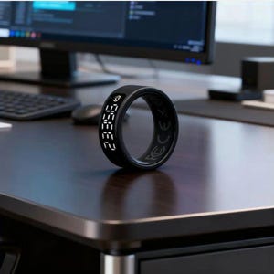 May include: A black smart ring with a digital display showing white numerical text. The ring features a circular band design with visible regulatory markings on the inner surface, including FCC and CE symbols, presented in a sleek, matte finish.