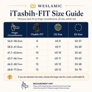 May include: A WESLAMIC iTasbih-FIT size guide chart featuring a black smart ring. The table displays finger circumference in millimeters, iTasbih-FIT sizes 8 through 13, US sizes 8 through 13, and EU sizes 57 through 70. Includes a measurement hint.