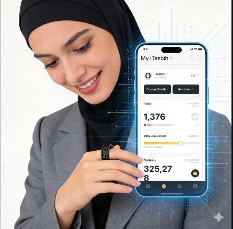 May include: A black digital smart ring worn on a finger, paired with a smartphone displaying the iTasbih app interface. The screen shows a daily count of 1,376, a goal of 2,000, and total statistics of 325,278, with a blue digital glow effect surrounding the phone.