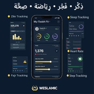 May include: A smartphone displaying the My iTasbih Fit app interface with a dark theme. The screen shows health metrics including Zikr, sleep, heart rate, and step tracking. The Weslamic logo is at the bottom, with Arabic text at the top.