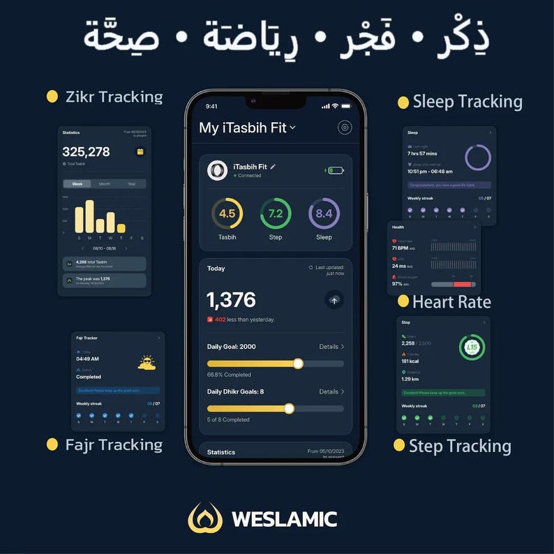 May include: A smartphone displaying the My iTasbih Fit app interface with a dark theme. The screen shows health metrics including Zikr, sleep, heart rate, and step tracking. The Weslamic logo is at the bottom, with Arabic text at the top.
