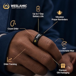 May include: A black smart ring featuring a digital display showing the number 9999 and a yellow logo. Text labels highlight features including up to 7 day battery life, vibration prayer reminders, count dhikr, dhikr tracking, 24/7 wear, and gift packaging.