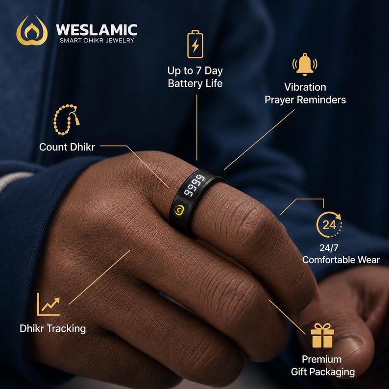 May include: A black smart ring featuring a digital display showing the number 9999 and a yellow logo. Text labels highlight features including up to 7 day battery life, vibration prayer reminders, count dhikr, dhikr tracking, 24/7 wear, and gift packaging.