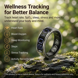 May include: A silver smart ring with a black digital display showing blue pixelated numbers. Text on the image reads: Wellness Tracking for Better Balance, Heart Rate, Blood Oxygen, Sleep Monitoring, Steps, Stress Tracking, Activity Records.