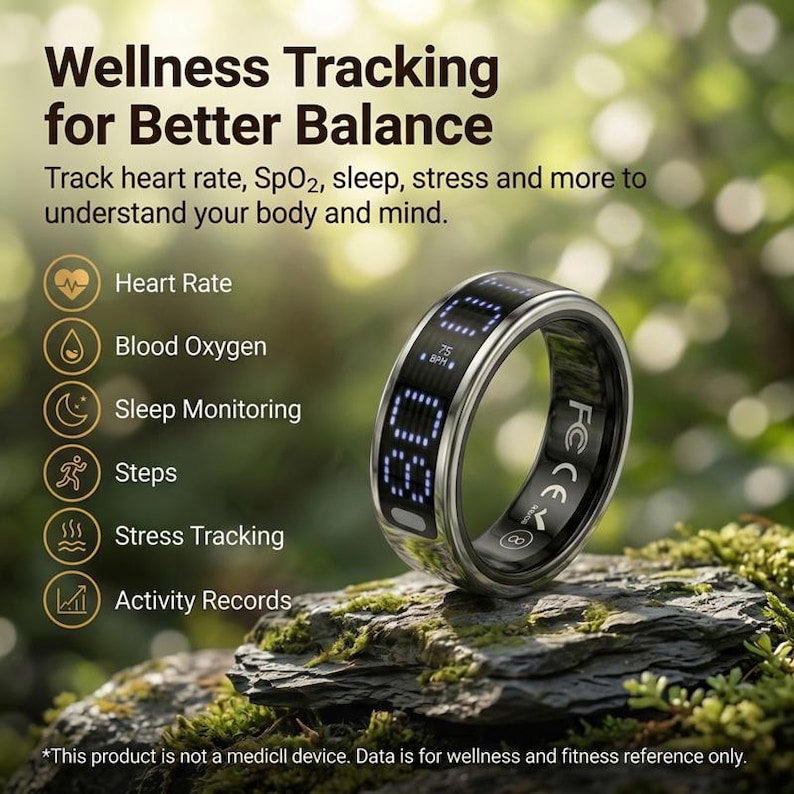 May include: A silver smart ring with a black digital display showing blue pixelated numbers. Text on the image reads: Wellness Tracking for Better Balance, Heart Rate, Blood Oxygen, Sleep Monitoring, Steps, Stress Tracking, Activity Records.