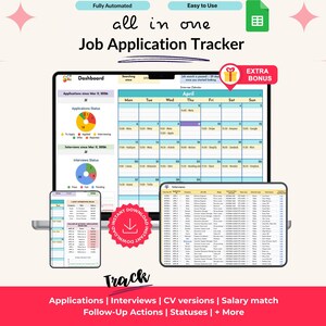 Pode incluir: Um rastreador digital de candidaturas de emprego exibido em um computador, tablet e telefone. A tela mostra um calendário, gráficos e tabelas de dados. O texto inclui "all in one Job Application Tracker" e "Instant Download".