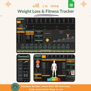 Peut inclure: Interface numérique de suivi du poids et de la forme physique, avec un tableau de bord, un créateur d'exercices et un journal des paramètres corporels. Le design comprend des écrans de smartphone, de tablette et d'ordinateur avec un thème sombre et des accents orange.