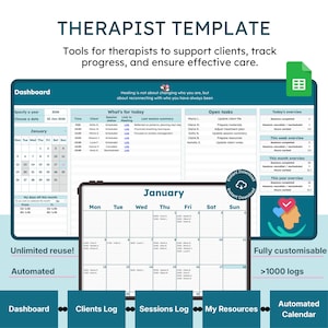 Outil de suivi des sessions du planificateur thérapeute pour Google Sheets | Journal client + calendrier + notes de session