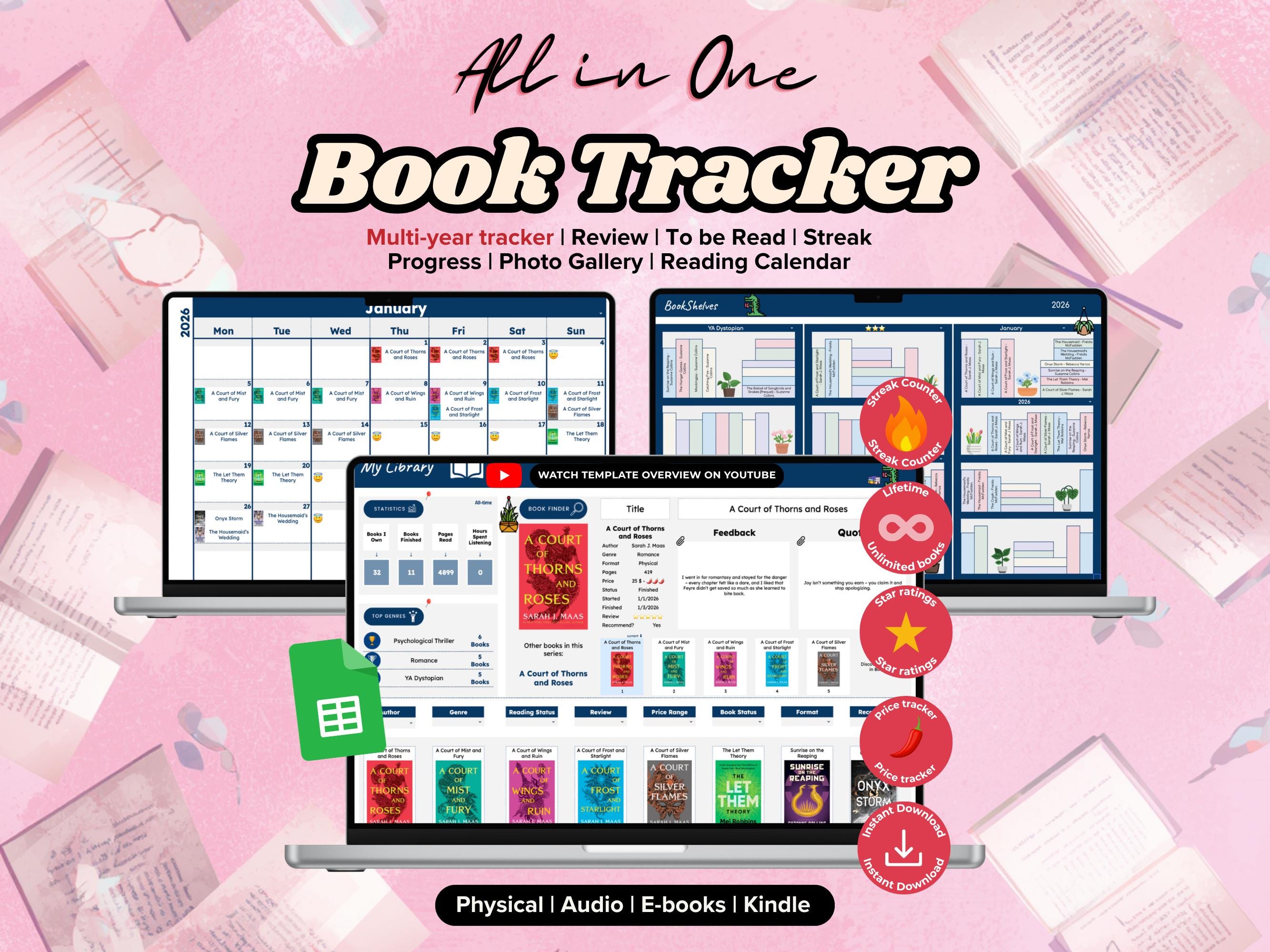 The Ultimate Book Tracker, Google Sheets, Personal Digital Library, Reading Journal Spreadsheet template, Book Lovers, Reading List