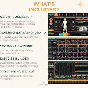 Puede incluir: Un planificador de fitness digital con un tema oscuro, que muestra varias herramientas de entrenamiento. La imagen incluye una configuraci&oacute;n de p&eacute;rdida de peso, un panel de medidas, un planificador de entrenamiento, un creador de ejercicios y una descripci&oacute;n general del progreso. El texto en la imagen dice "WHAT'S INCLUDED?"