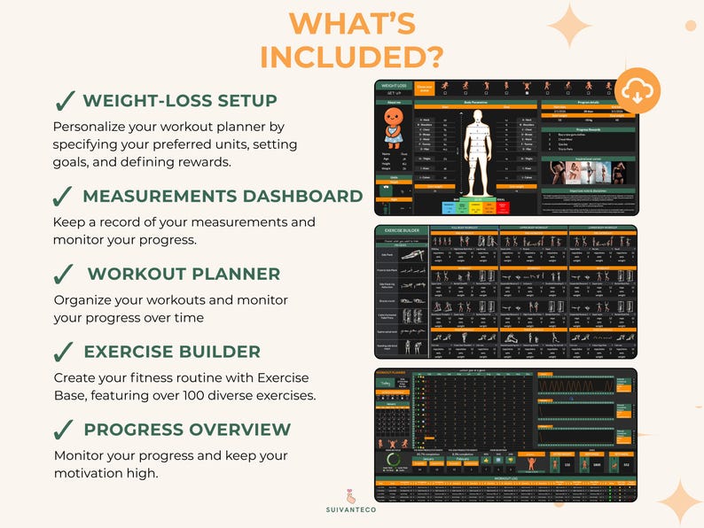 Puede incluir: Un planificador de fitness digital con un tema oscuro, que muestra varias herramientas de entrenamiento. La imagen incluye una configuraci&oacute;n de p&eacute;rdida de peso, un panel de medidas, un planificador de entrenamiento, un creador de ejercicios y una descripci&oacute;n general del progreso. El texto en la imagen dice "WHAT'S INCLUDED?"