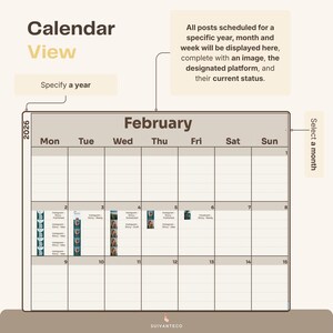 Pu&ograve; includere: Visualizzazione del calendario digitale per febbraio 2026, che mostra i post sui social media programmati. La griglia del calendario mostra le date, con rappresentazioni visive dei post e del loro stato. Il testo include "Visualizzazione calendario".