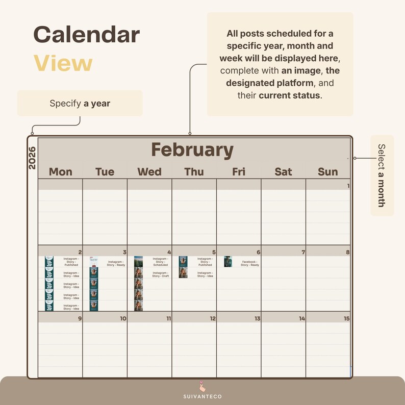 Pu&ograve; includere: Visualizzazione del calendario digitale per febbraio 2026, che mostra i post sui social media programmati. La griglia del calendario mostra le date, con rappresentazioni visive dei post e del loro stato. Il testo include "Visualizzazione calendario".