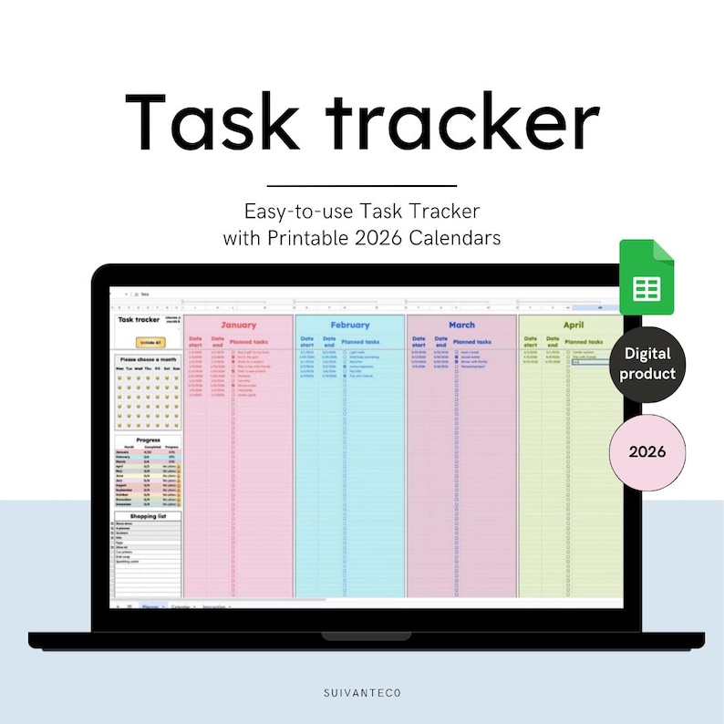 2026 Digital Task Planner | Printable 12 Month Calendar - Google Sheets ...