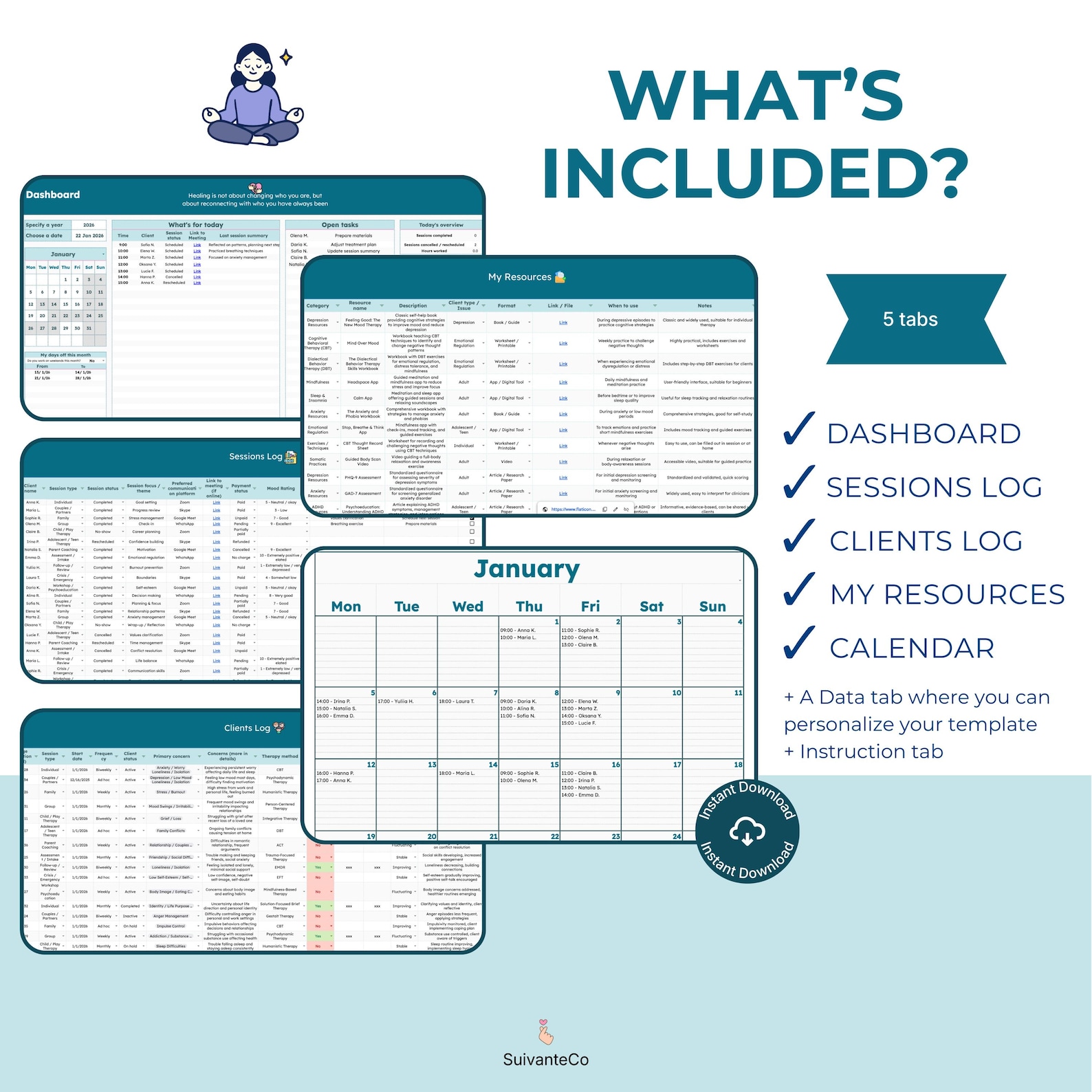 Therapist Planner Session Notes for Google Sheets | Client Tracker ...
