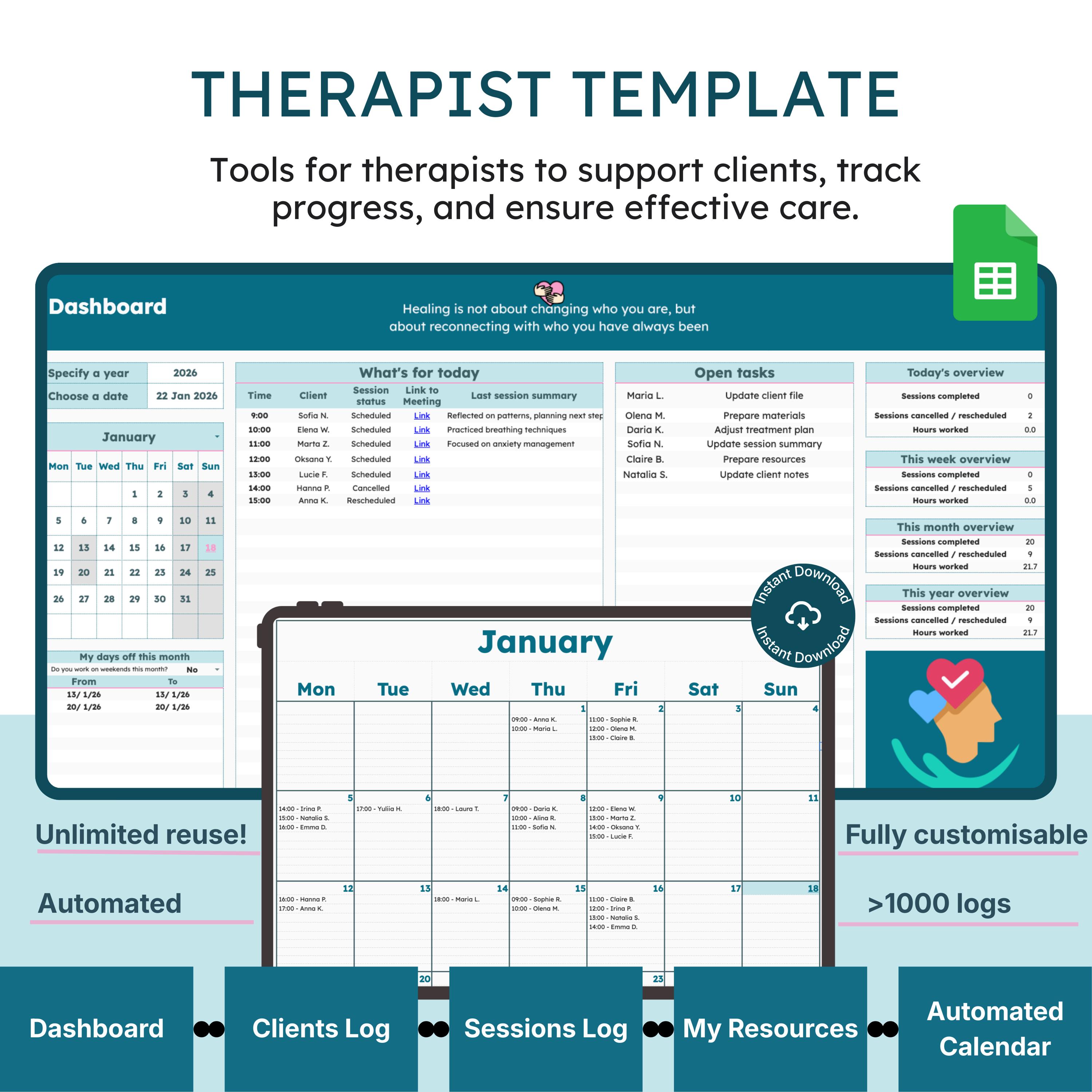 Therapist Planner Session Notes for Google Sheets | Client Tracker ...