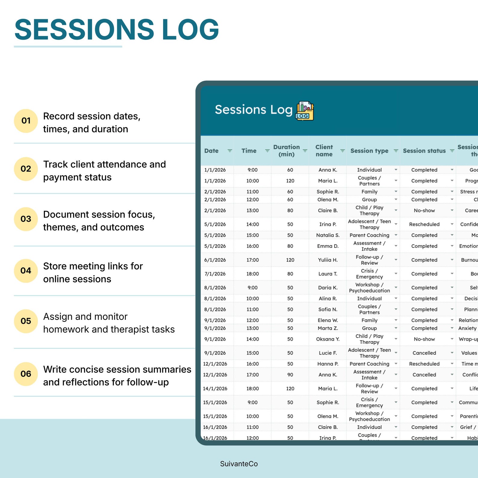 Therapist Planner Session Notes for Google Sheets | Client Tracker ...