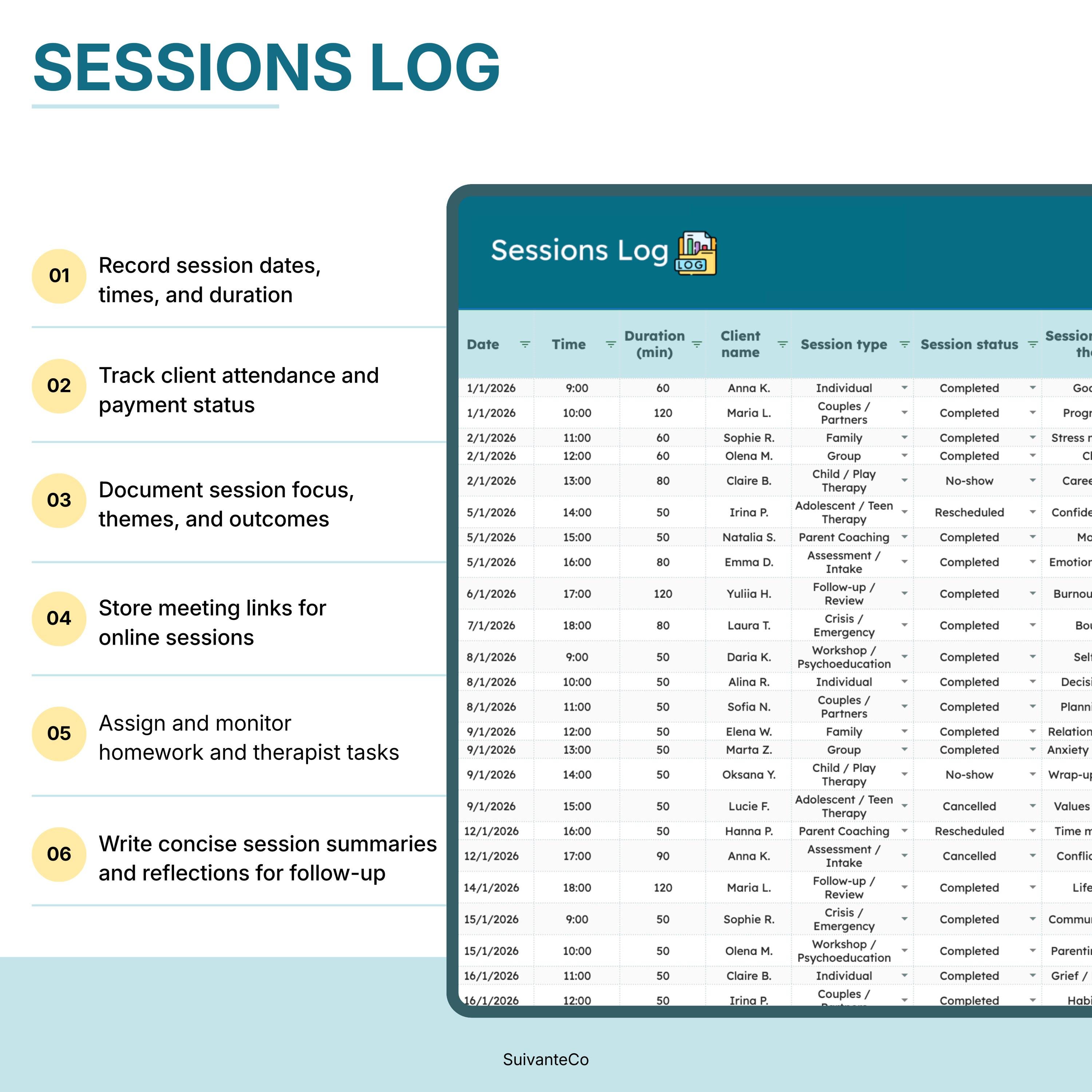 Therapist Planner Session Notes for Google Sheets | Client Tracker ...