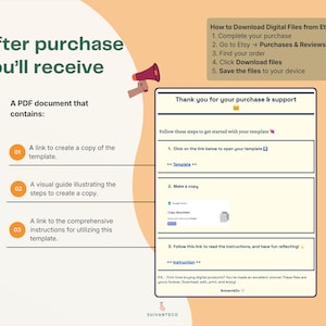 Puede incluir: Una gu&iacute;a de descarga digital con instrucciones sobre c&oacute;mo acceder y utilizar una plantilla despu&eacute;s de la compra. La gu&iacute;a incluye pasos para crear una copia de la plantilla, una gu&iacute;a visual e instrucciones. El texto incluye "Gracias por tu compra y apoyo."