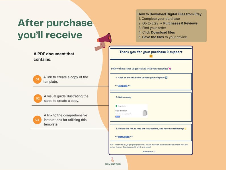 Puede incluir: Una gu&iacute;a de descarga digital con instrucciones sobre c&oacute;mo acceder y utilizar una plantilla despu&eacute;s de la compra. La gu&iacute;a incluye pasos para crear una copia de la plantilla, una gu&iacute;a visual e instrucciones. El texto incluye "Gracias por tu compra y apoyo."