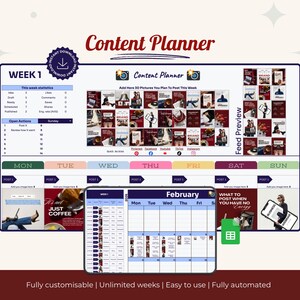 May include: A digital content planner with a white background, featuring a calendar layout for weekly social media posts. The planner includes sections for week statistics, open actions, and a feed preview. Text includes "Content Planner" and "February".