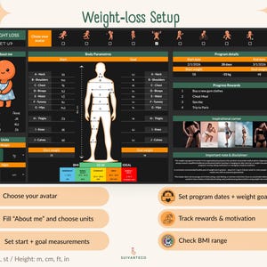 Puede incluir: Una interfaz digital de configuraci&oacute;n para la p&eacute;rdida de peso con un dise&ntilde;o en verde oscuro y negro. La interfaz incluye secciones para establecer objetivos, realizar un seguimiento del progreso y elegir un avatar. El texto "Weight-loss Setup" est&aacute; en la parte superior.